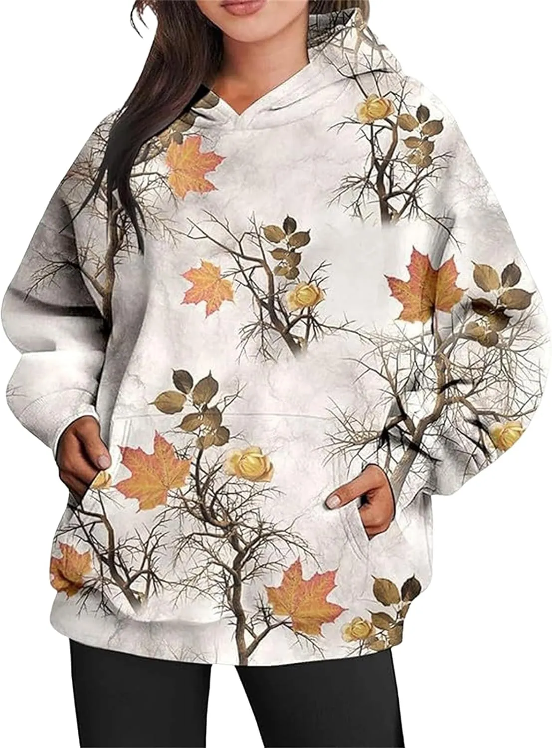 Women's Camo Hoodie Maple-Leaf Print Oversized Sweatshirt Fleece Hoodies Long Sleeve Sweaters Pullover Fall Outfits