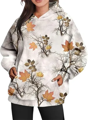 Women's Camo Hoodie Maple-Leaf Print Oversized Sweatshirt Fleece Hoodies Long Sleeve Sweaters Pullover Fall Outfits