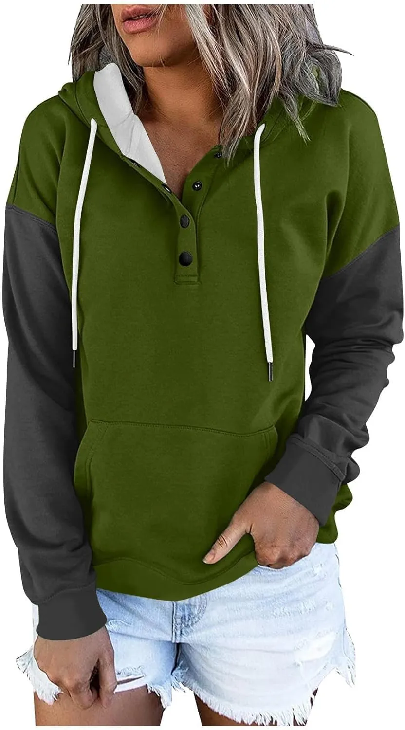 Women's Casual Oversized Hoodies Color Block Long Sleeve Sweatshirt Drawstring Hooded Large Pocket Pullover Top