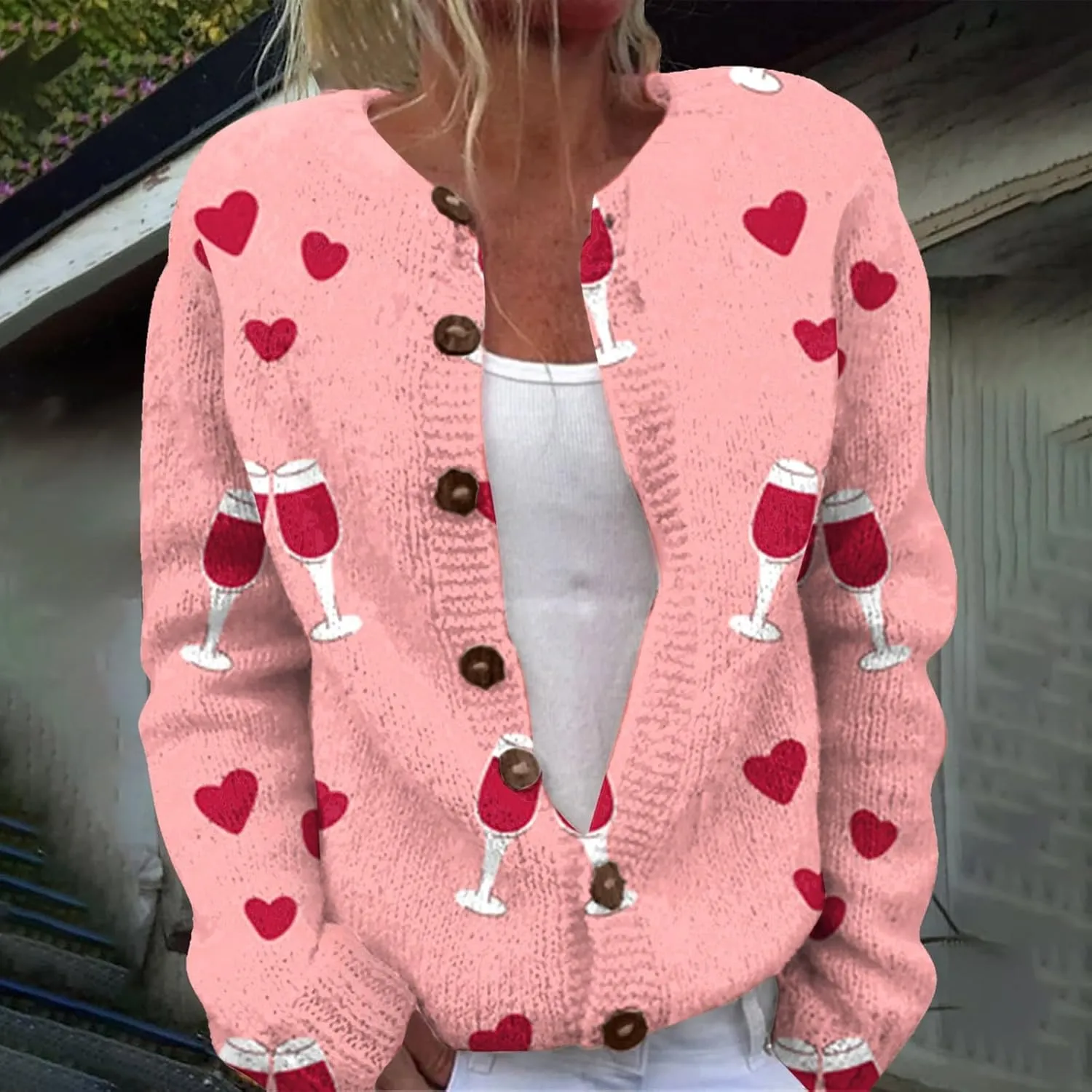 Womens Cute Heart Cardigan Sweaters Sweaters for Women 2025 Trendy Love Heart Button Down Long Sleeve Oversized Coat