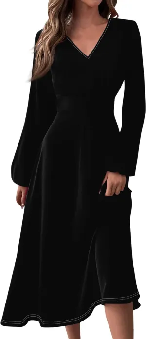 Womens Dresses V Neck Long Sleeve Dresses Maxi Printed Dresses Fall Soft Dress Fashion Elegant Dress Casual Dresses