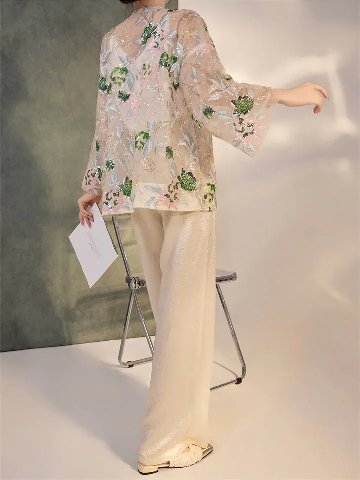 Women's Elegant Flower Sequined Semi-transparent Shirt