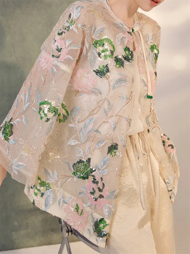 Women's Elegant Flower Sequined Semi-transparent Shirt