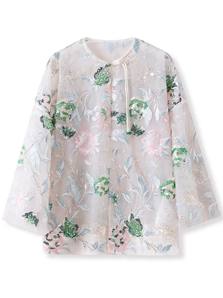 Women's Elegant Flower Sequined Semi-transparent Shirt