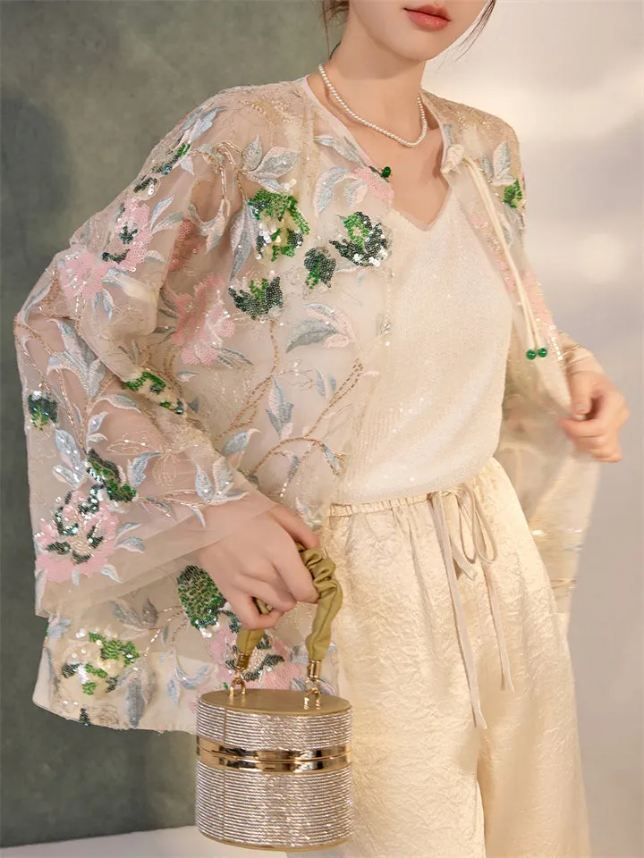 Women's Elegant Flower Sequined Semi-transparent Shirt