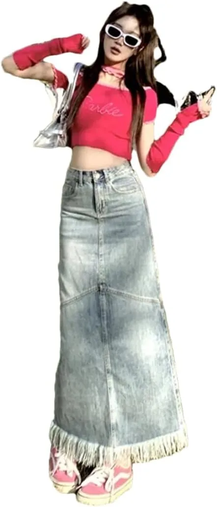 Women's Elegant Style High Waisted Medium Length Denim A- Line Side Slit Skirt