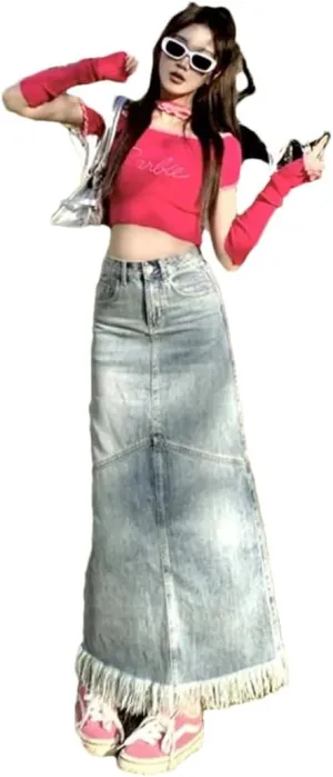 Women's Elegant Style High Waisted Medium Length Denim A- Line Side Slit Skirt