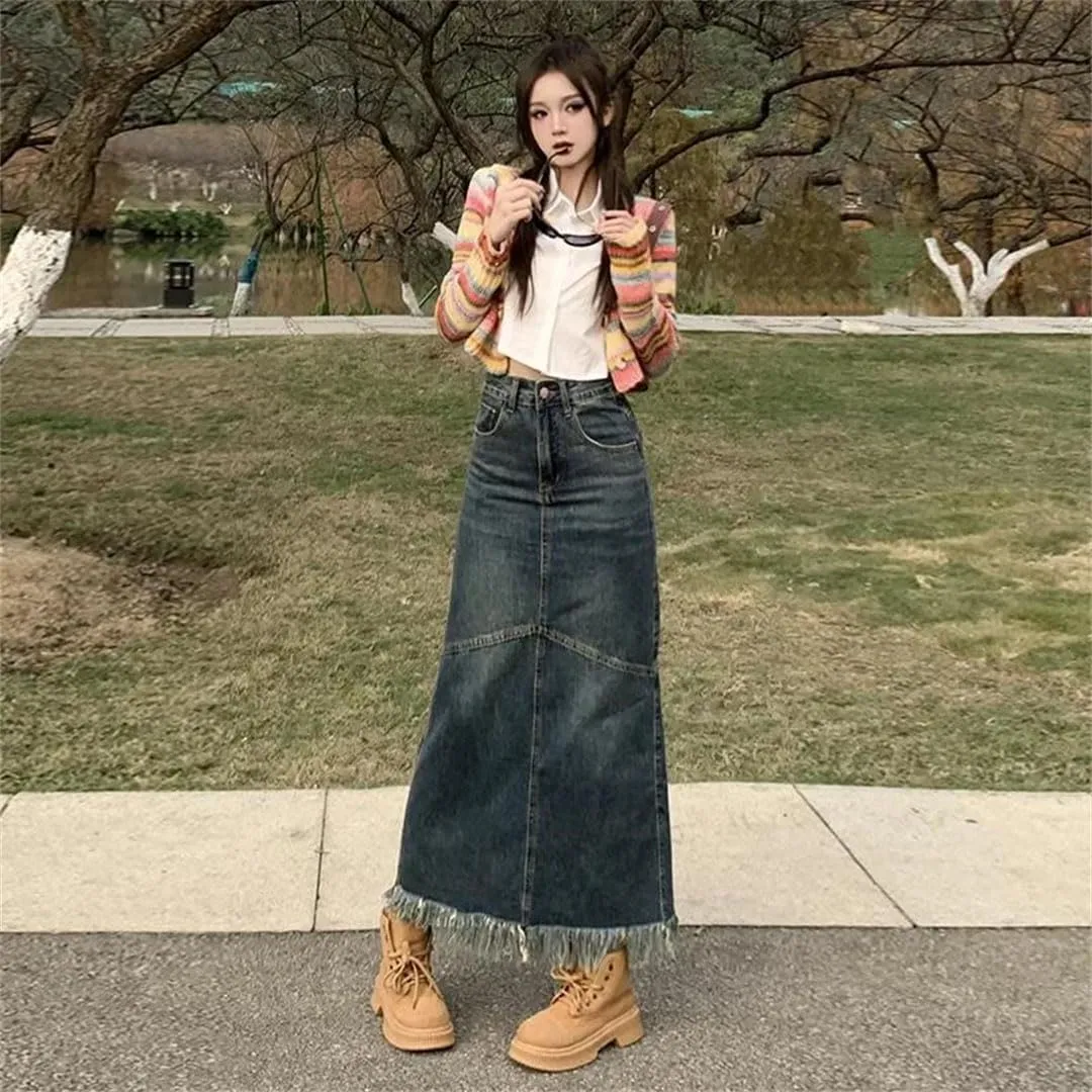 Women's Elegant Style High Waisted Medium Length Denim A- Line Side Slit Skirt