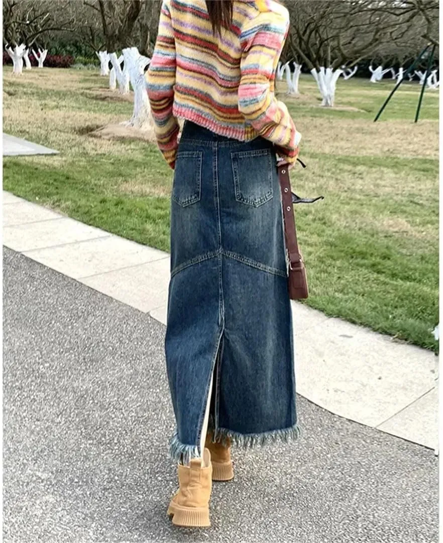 Women's Elegant Style High Waisted Medium Length Denim A- Line Side Slit Skirt