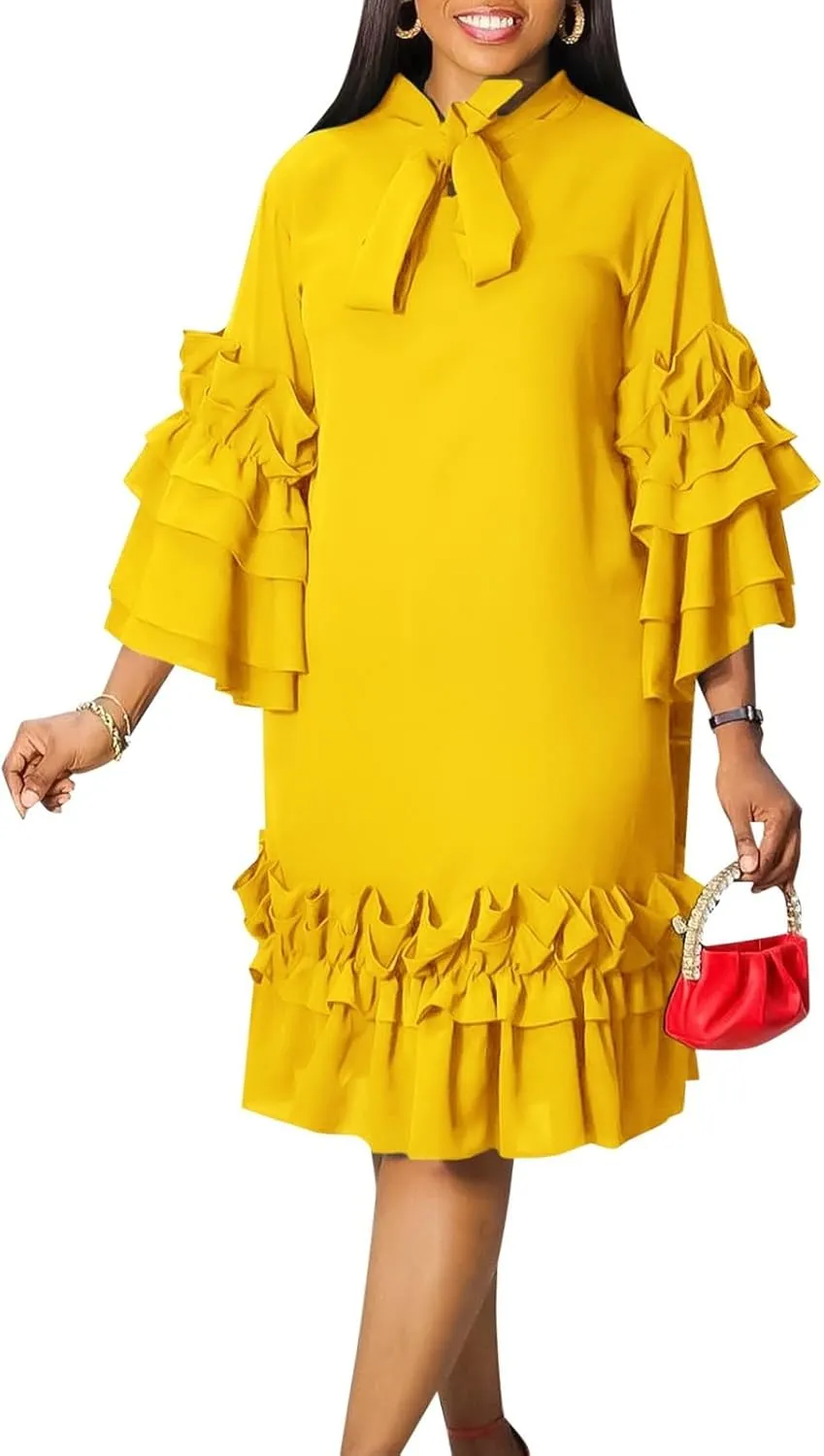 Women's Fashion Casual Ruffle Hem Flare Sleeve Plus Size Maxi Dress Petite Dresses for Women