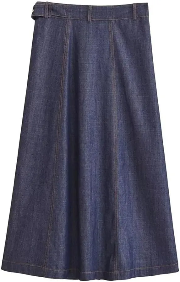 Women's High Waisted A-Line Denim Midi Skirt Summer Casual Office Elegant Jean Skirt