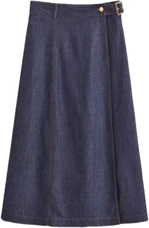 Women's High Waisted A-Line Denim Midi Skirt Summer Casual Office Elegant Jean Skirt