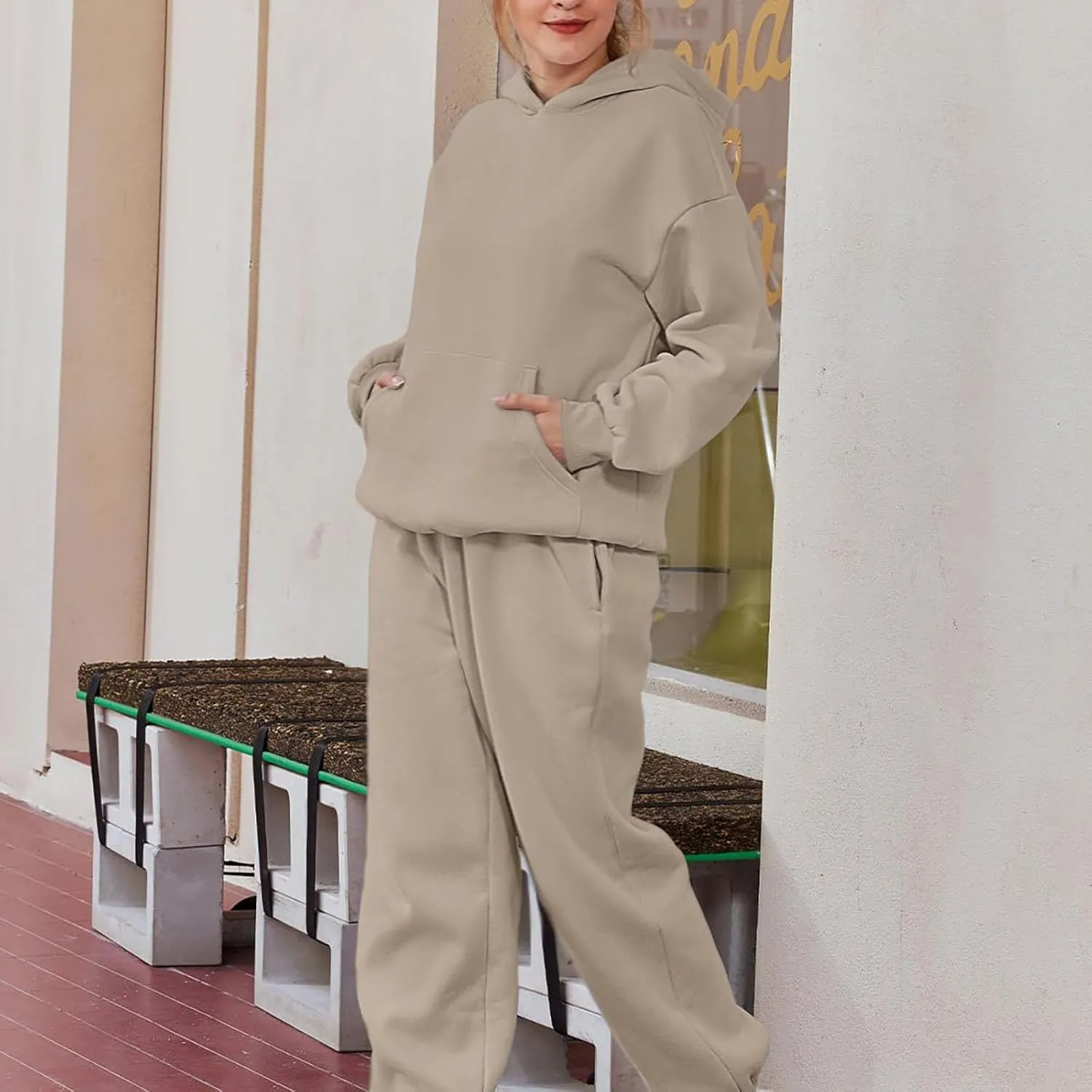 Womens Hoodie 2 Piece Set Trendy Oversized Baggy Lounge Y2K Sweatsuit Sets Casual Solid Color Loose Fit Tracksuit Set