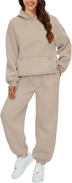 Womens Hoodie 2 Piece Set Trendy Oversized Baggy Lounge Y2K Sweatsuit Sets Casual Solid Color Loose Fit Tracksuit Set