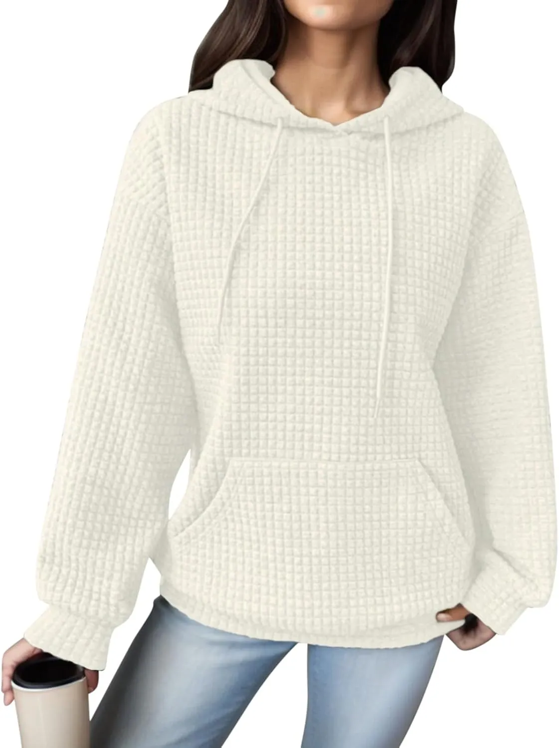 Womens Hoodies Casual Long Sleeve Waffle Knit Hooded Sweatshirts Solid Color Drawstring Pullover Sweaters Warm Tops