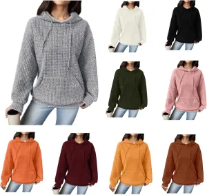 Womens Hoodies Casual Long Sleeve Waffle Knit Hooded Sweatshirts Solid Color Drawstring Pullover Sweaters Warm Tops