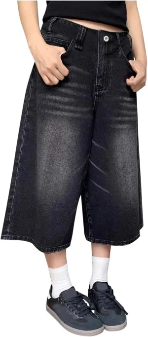 Women's Jeans Shorts High Waisted Casual Stretchy Wide Leg Girls Trendy Summer Y2k Baggy Vintage Capri Denim Pants