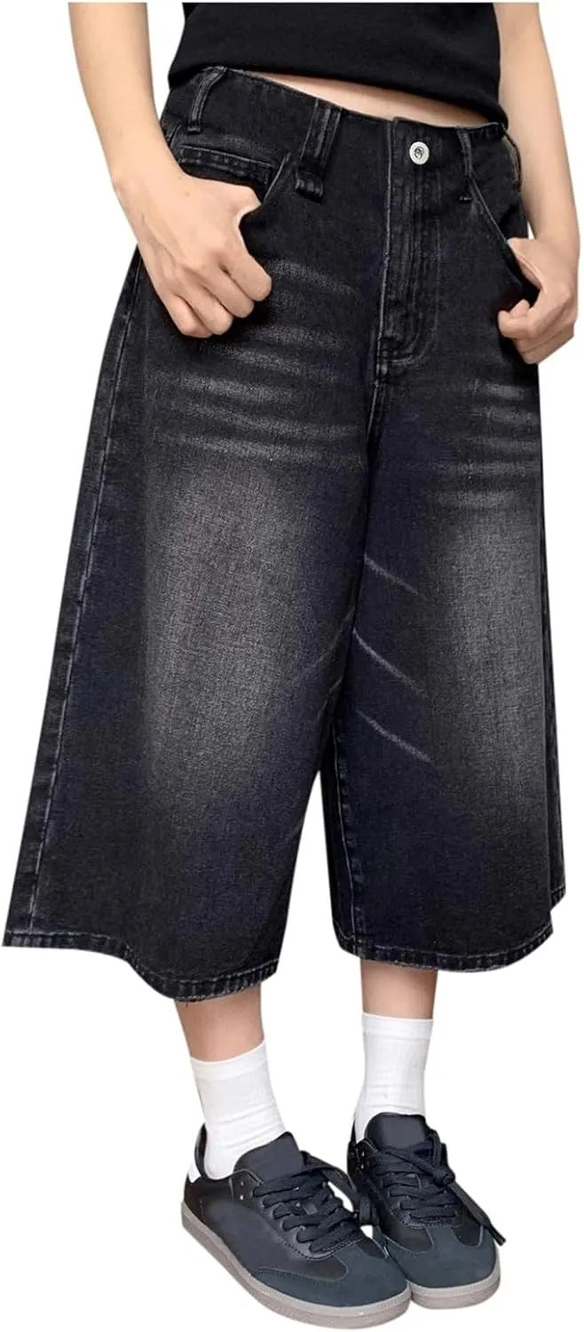 Women's Jeans Shorts High Waisted Casual Stretchy Wide Leg Girls Trendy Summer Y2k Baggy Vintage Capri Denim Pants