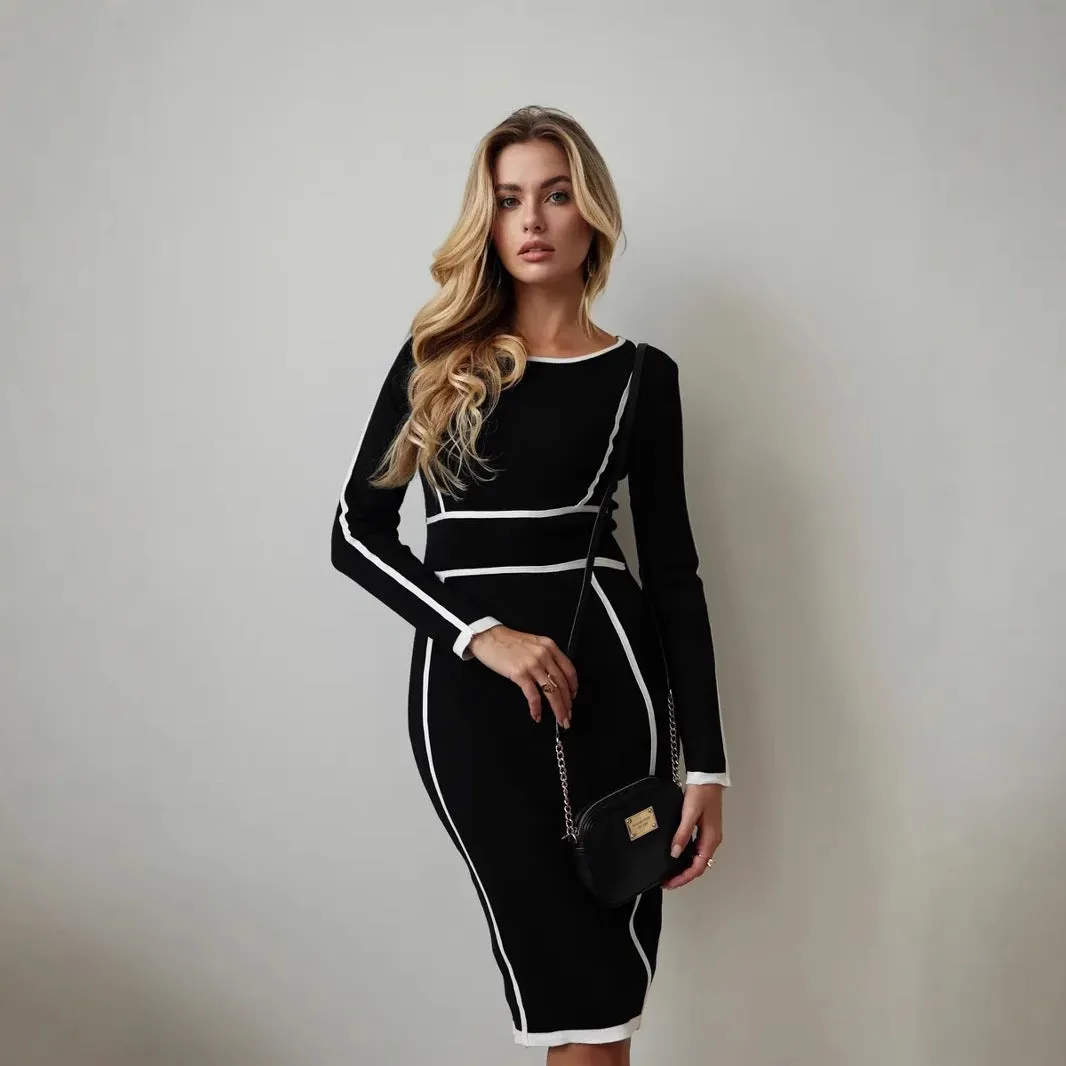 Womens Knit Dress  Slim Fit  Long Sleeve  Structured Panels  Knee Length