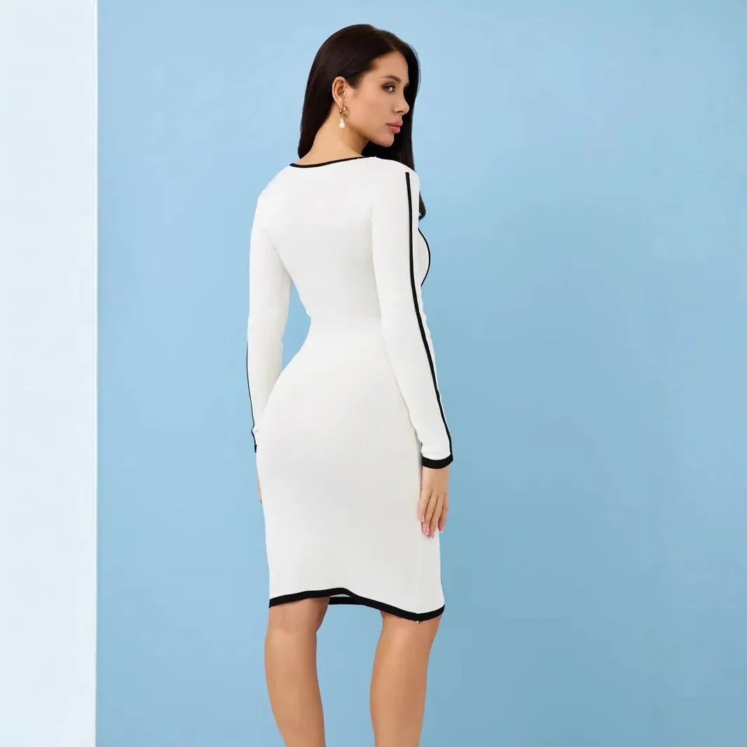 Womens Knit Dress  Slim Fit  Long Sleeve  Structured Panels  Knee Length
