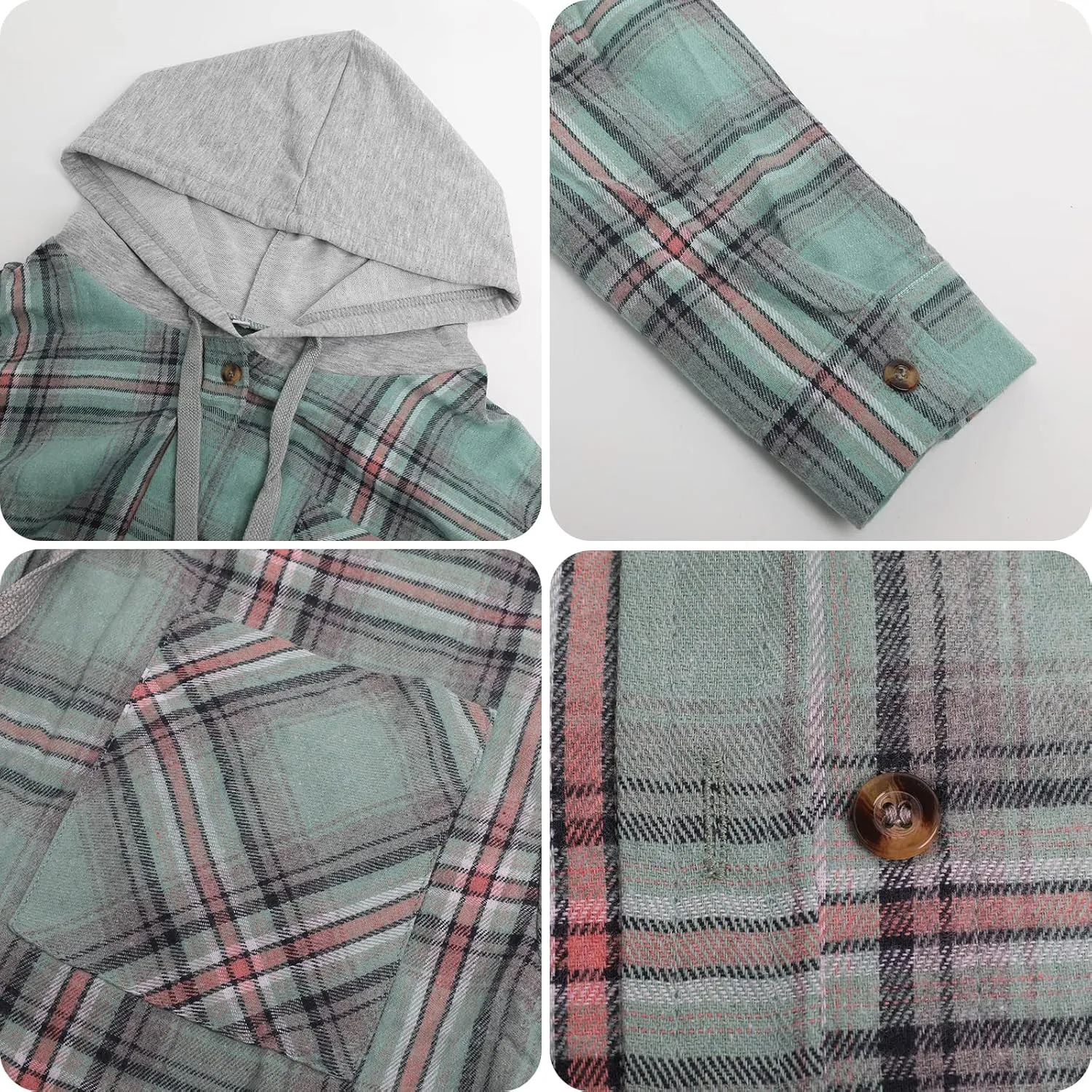 Womens Long Sleeve Plaid Hoodie Jacket Button Down Casual Boyfriend Blouse Shirts Tops Flannel Shirts with Pocket