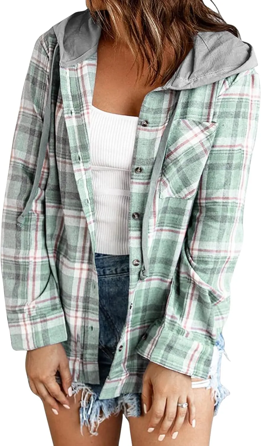 Womens Long Sleeve Plaid Hoodie Jacket Button Down Casual Boyfriend Blouse Shirts Tops Flannel Shirts with Pocket