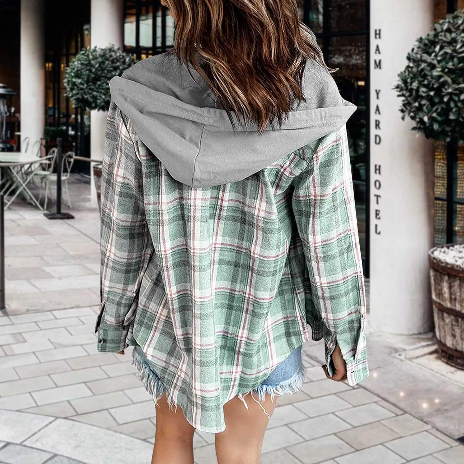 Womens Long Sleeve Plaid Hoodie Jacket Button Down Casual Boyfriend Blouse Shirts Tops Flannel Shirts with Pocket