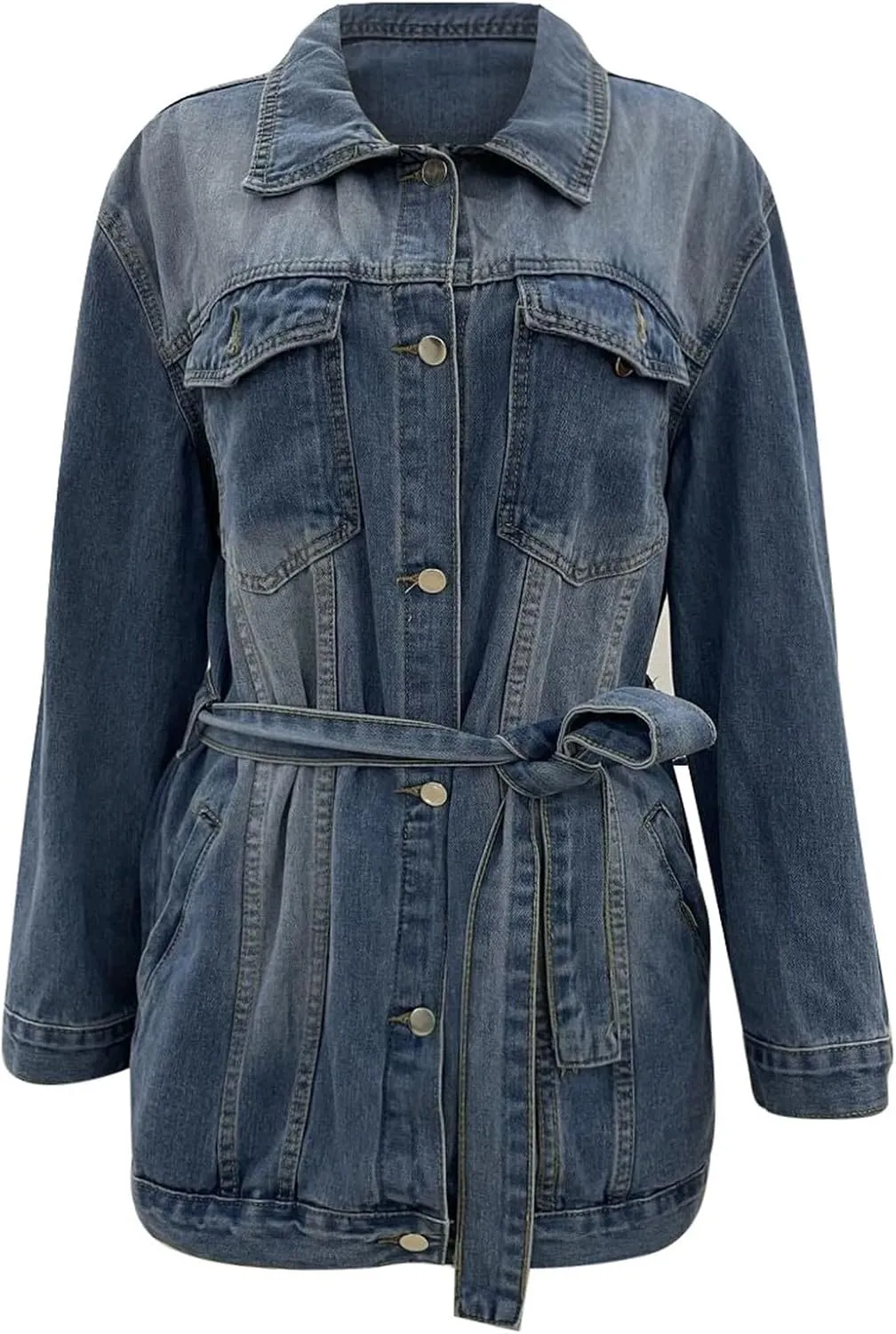 Women's Mid Length Casual Slim Fit Turn Down Denim Jacket With Waist Belt Long Jean