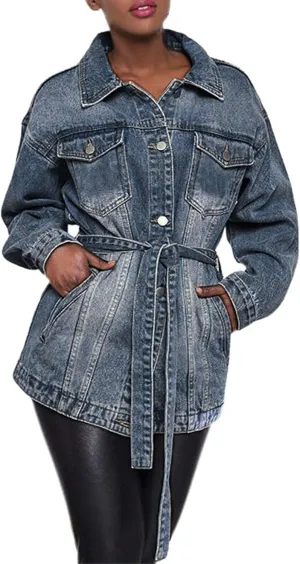 Women's Mid Length Casual Slim Fit Turn Down Denim Jacket With Waist Belt Long Jean