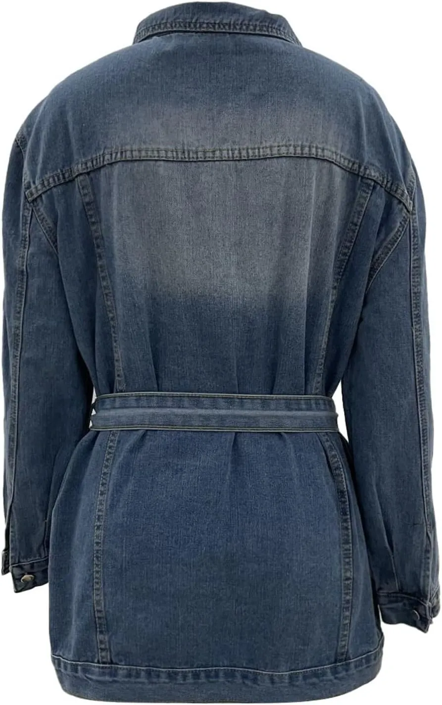 Women's Mid Length Casual Slim Fit Turn Down Denim Jacket With Waist Belt Long Jean
