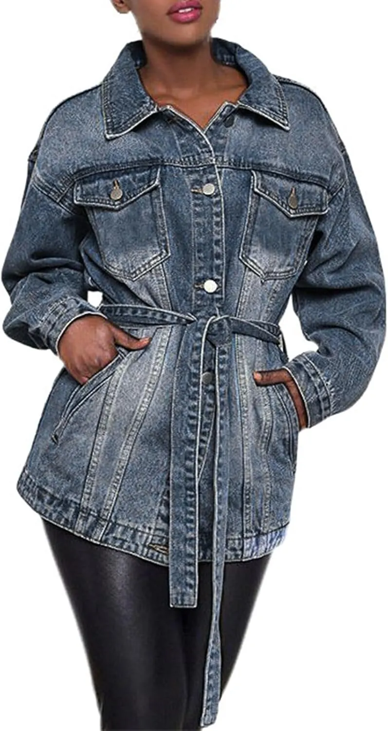 Women's Mid Length Casual Slim Fit Turn Down Denim Jacket With Waist Belt Long Jean