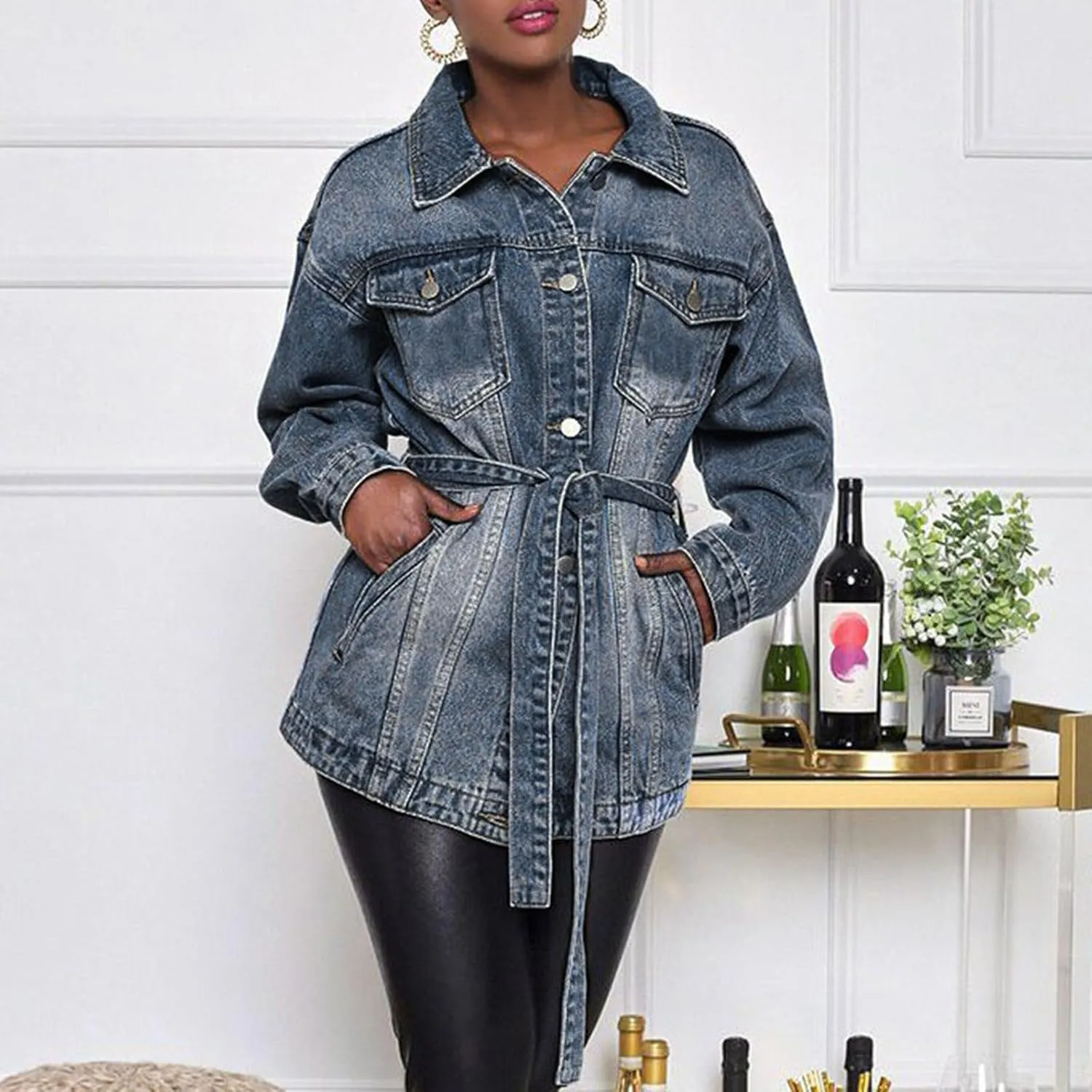 Women's Mid Length Casual Slim Fit Turn Down Denim Jacket With Waist Belt Long Jean