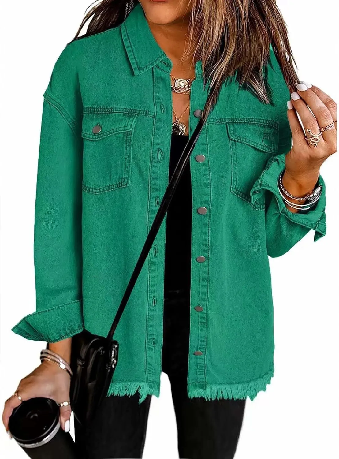 Women's Oversized Denim Jacket Casual Button Up Distressed Boyfriend Jean Jacket Long Sleeve Ripped Western Jacket