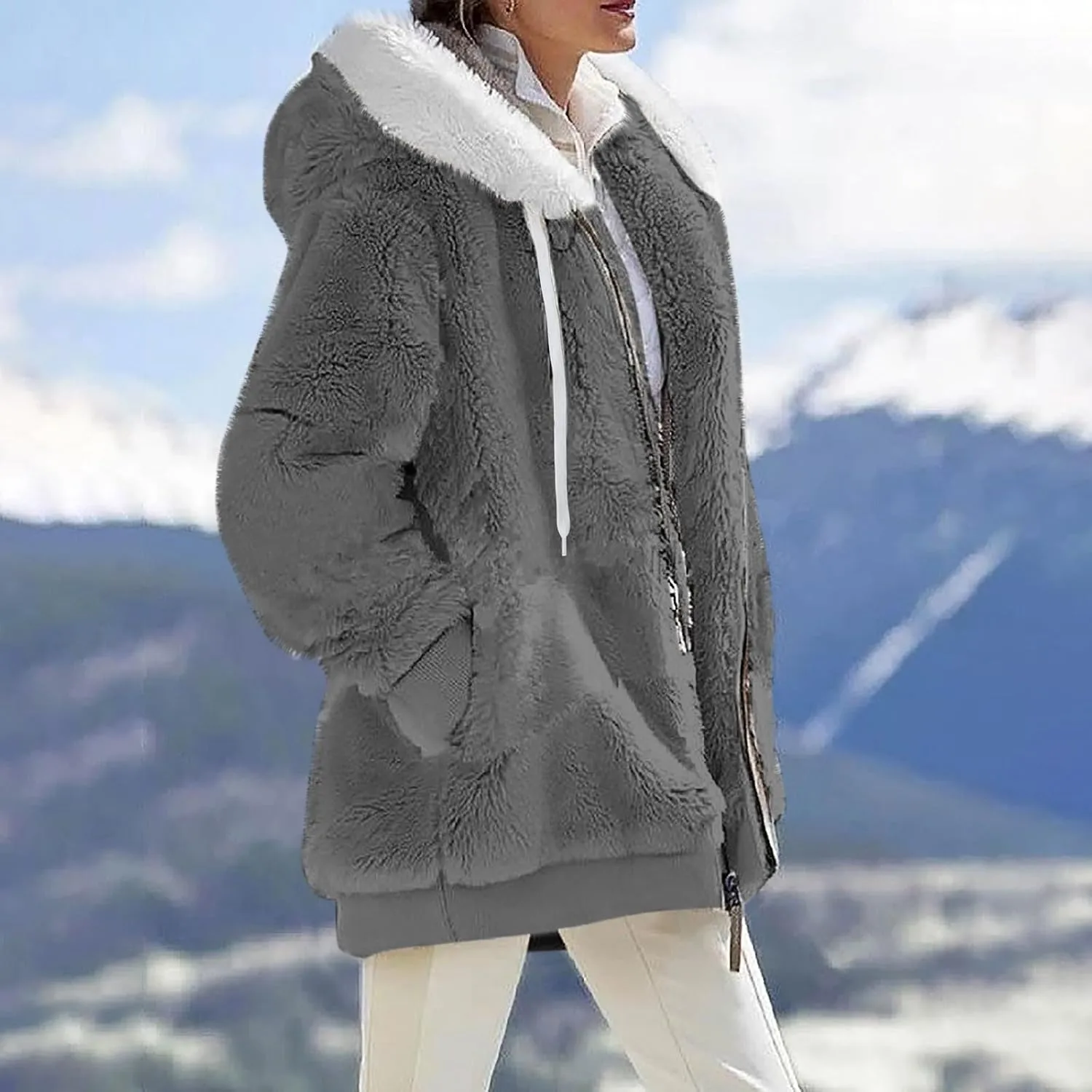 Womens Oversized Fleece Hoodie Sherpa Jacket Full Zip Up Fuzzy Hooded Coats Shaggy Warm Winter Outerwear with Pockets