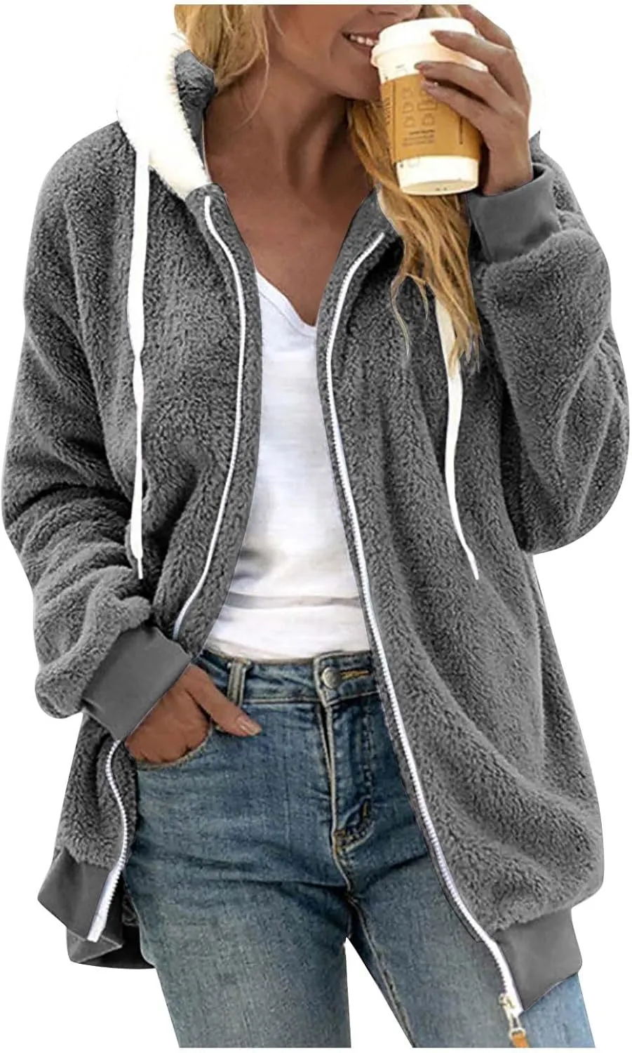 Womens Oversized Fleece Hoodie Sherpa Jacket Full Zip Up Fuzzy Hooded Coats Shaggy Warm Winter Outerwear with Pockets
