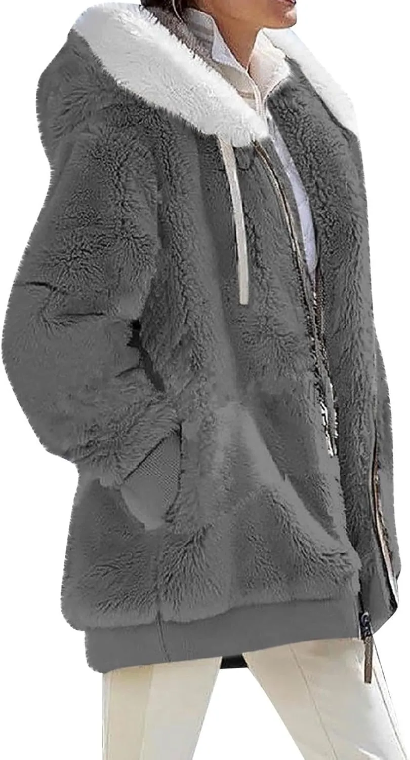 Womens Oversized Fleece Hoodie Sherpa Jacket Full Zip Up Fuzzy Hooded Coats Shaggy Warm Winter Outerwear with Pockets