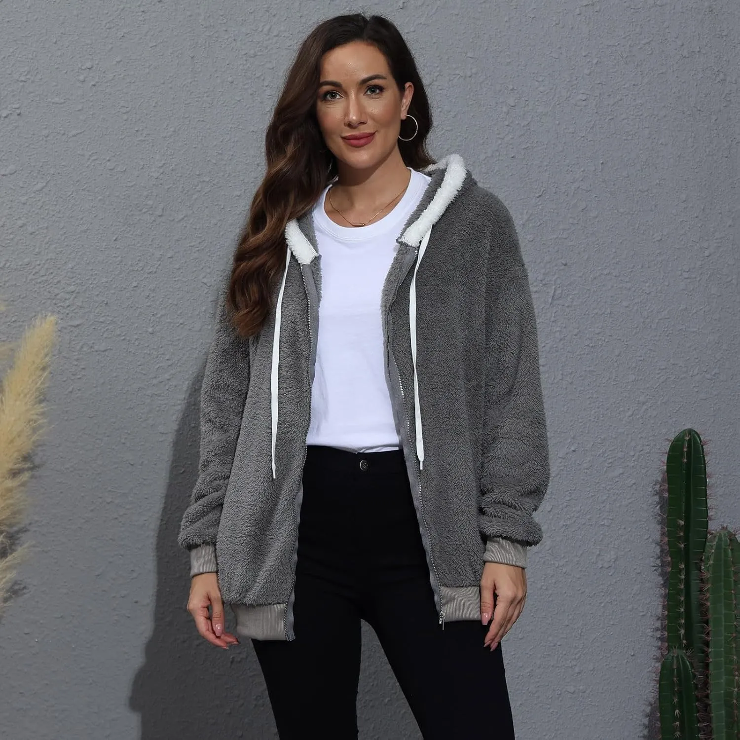 Womens Oversized Fleece Hoodie Sherpa Jacket Full Zip Up Fuzzy Hooded Coats Shaggy Warm Winter Outerwear with Pockets