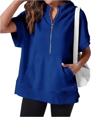 Womens Oversized Half Zip Hoodies Short Sleeve Casual Sweatshirts Loose Fit Pullover Tops with Pockets 2024