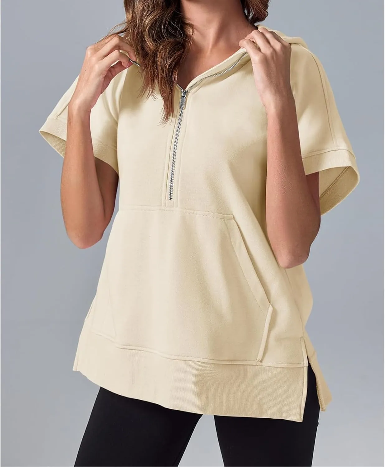 Womens Oversized Half Zip Hoodies Short Sleeve Casual Sweatshirts Loose Fit Pullover Tops with Pockets 2024