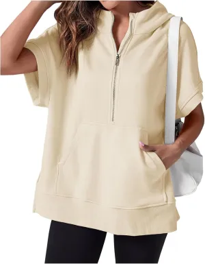 Womens Oversized Half Zip Hoodies Short Sleeve Casual Sweatshirts Loose Fit Pullover Tops with Pockets 2024