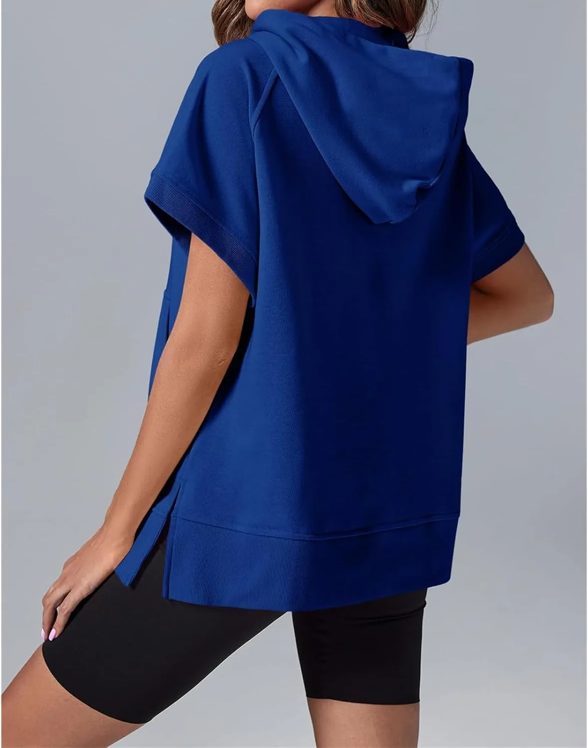 Womens Oversized Half Zip Hoodies Short Sleeve Casual Sweatshirts Loose Fit Pullover Tops with Pockets 2024