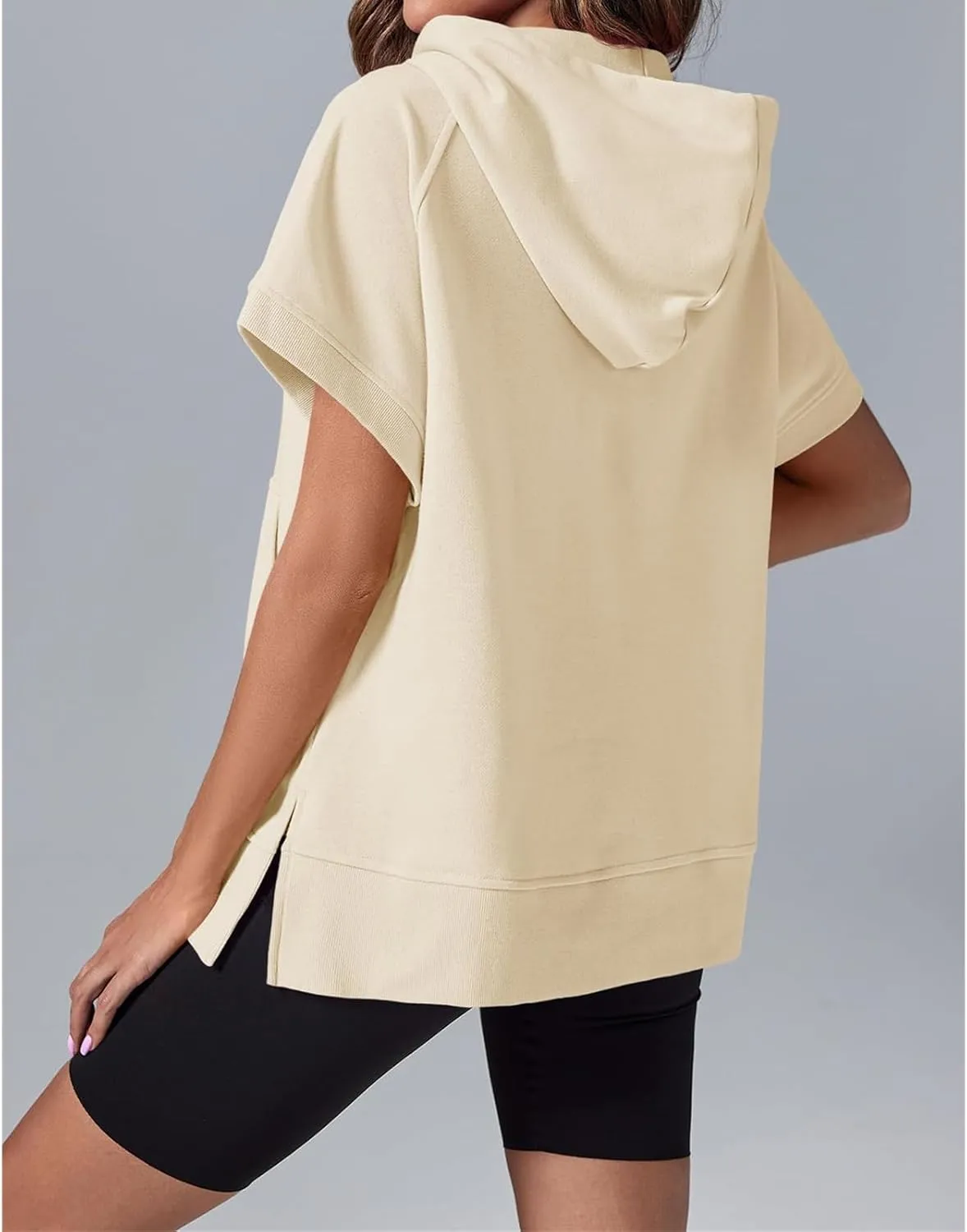 Womens Oversized Half Zip Hoodies Short Sleeve Casual Sweatshirts Loose Fit Pullover Tops with Pockets 2024