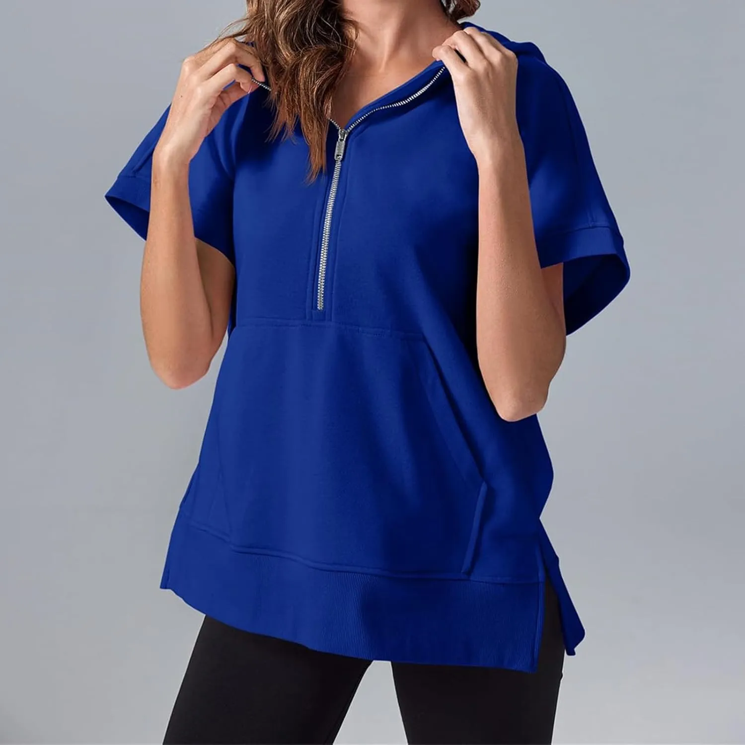 Womens Oversized Half Zip Hoodies Short Sleeve Casual Sweatshirts Loose Fit Pullover Tops with Pockets 2024
