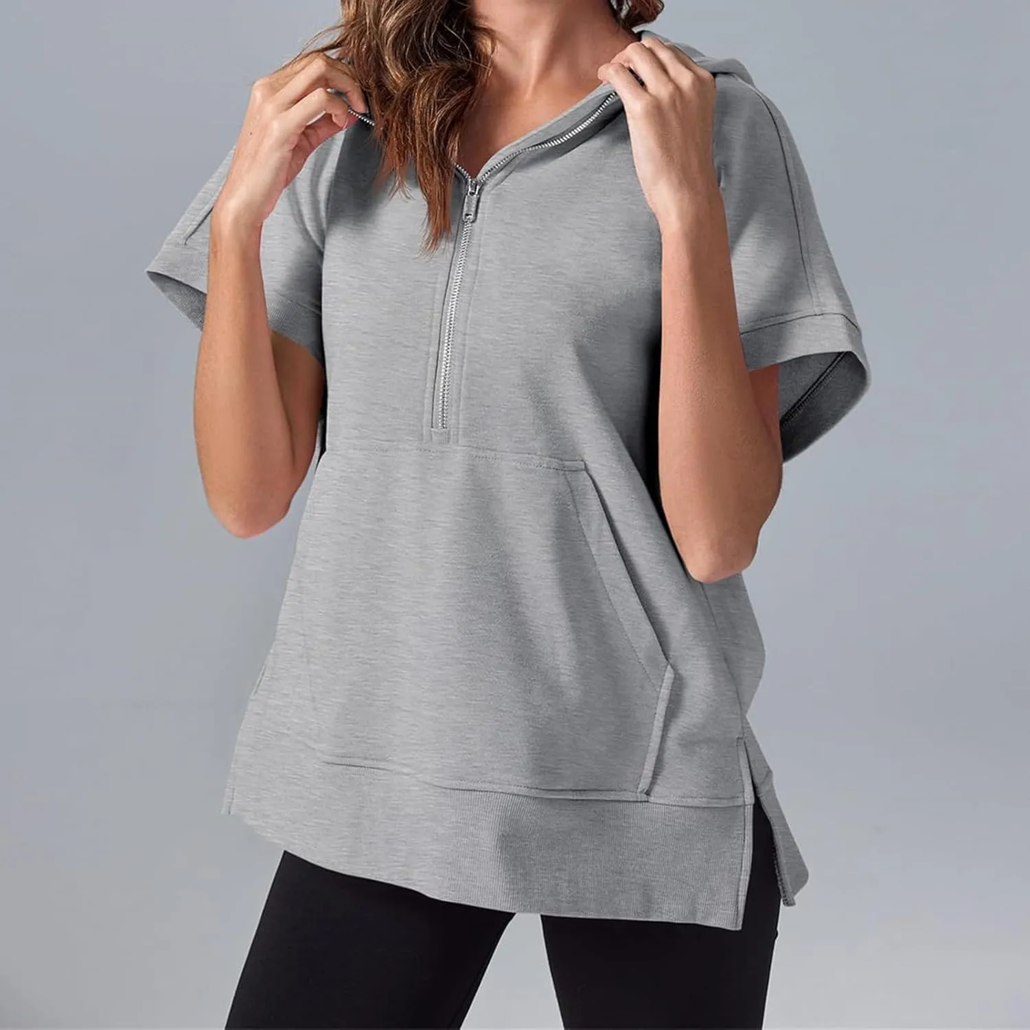 Womens Oversized Half Zip Hoodies Short Sleeve Casual Sweatshirts Loose Fit Pullover Tops with Pockets 2024