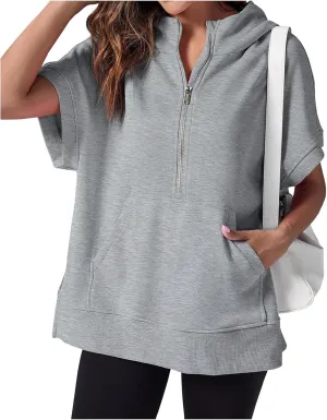 Womens Oversized Half Zip Hoodies Short Sleeve Casual Sweatshirts Loose Fit Pullover Tops with Pockets 2024