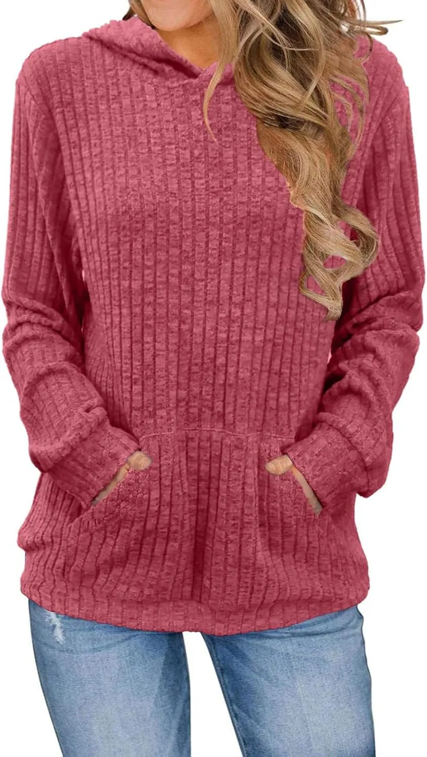 Womens Oversized Hoodies Casual Long Sleeve with Kangaroo Pocket Fall Fashion Waffle Knit Pullover Sweatshirts Tops
