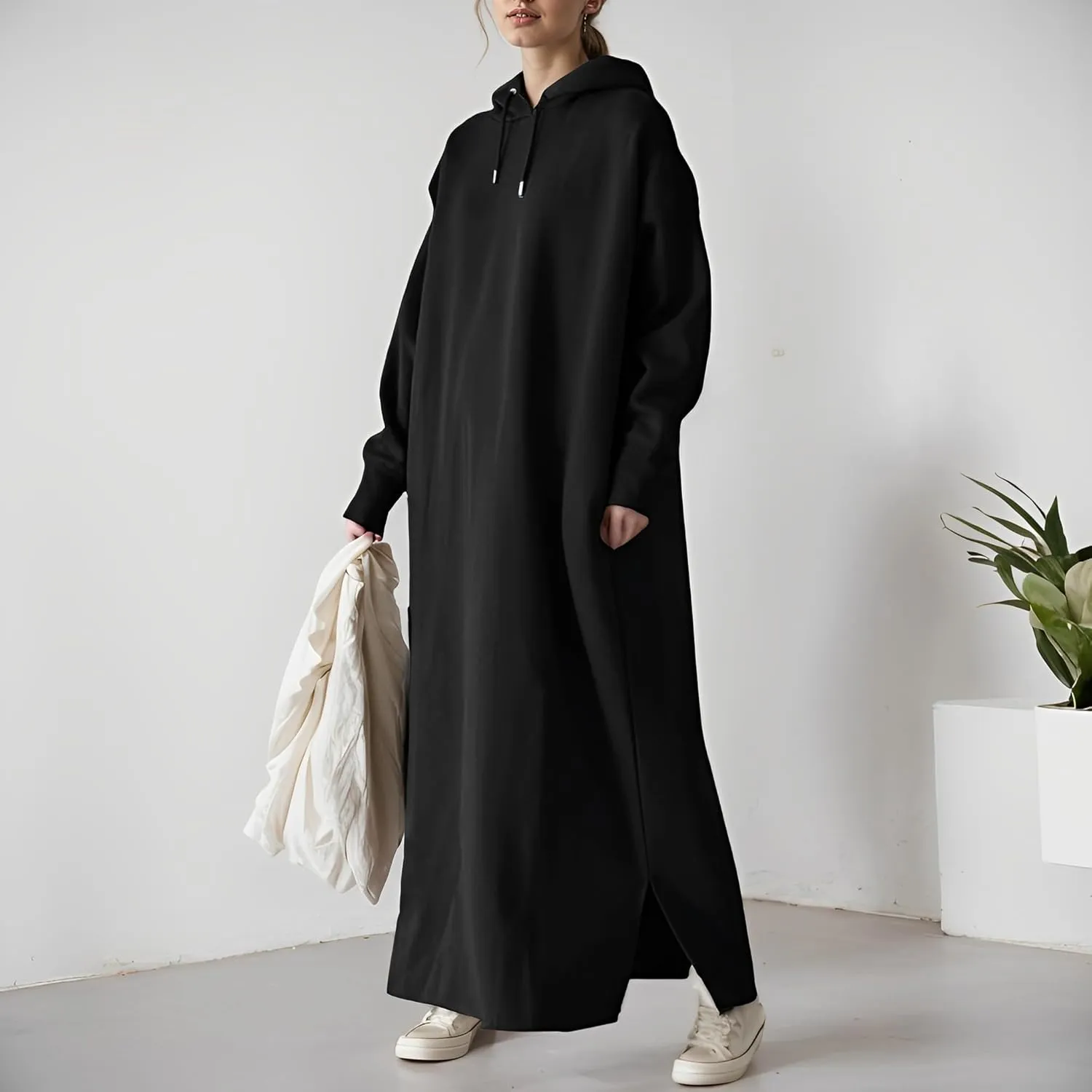 Women's Oversized Long Sleeve Fleece Pullover Hoodie Casual Split Hem Warm Hooded Sweatshirt Maxi Dress with 2 Pockets
