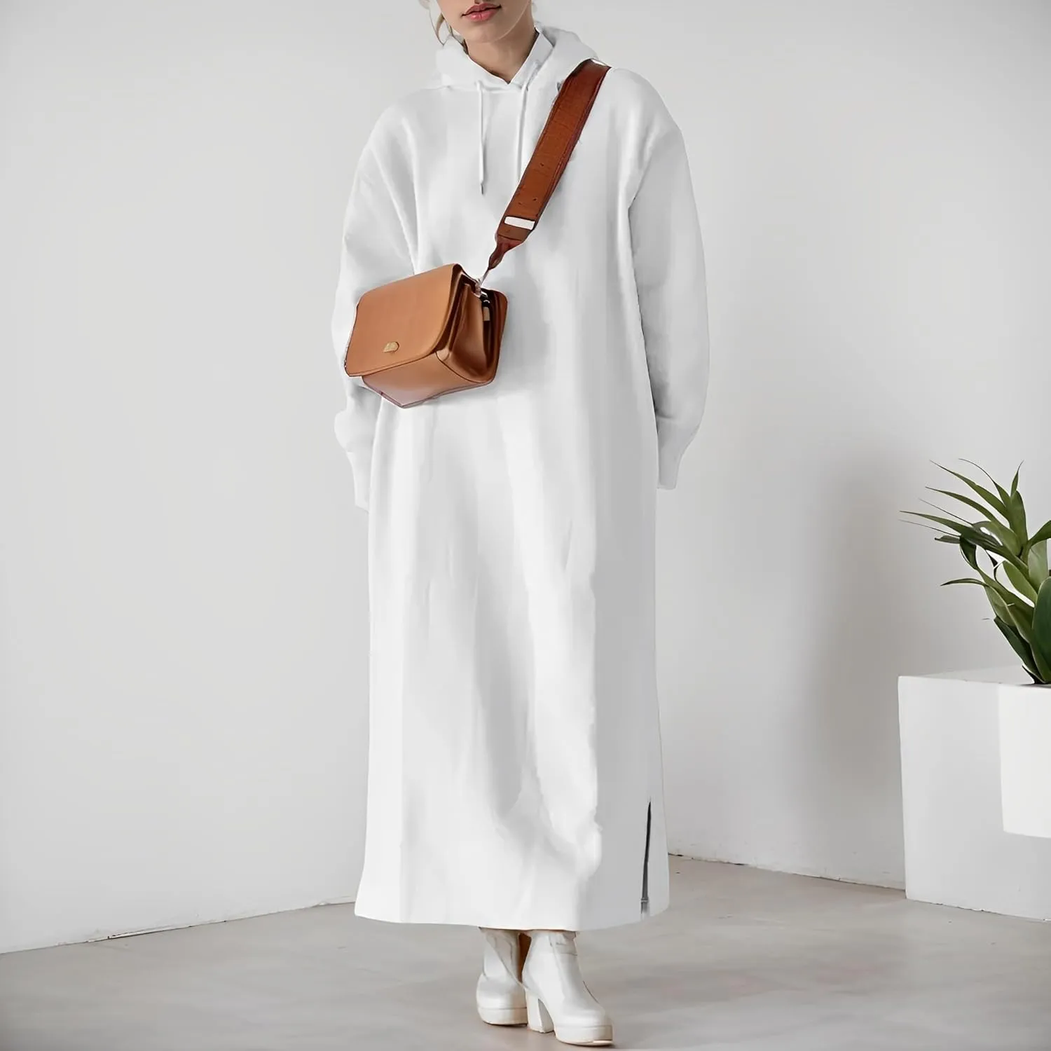 Women's Oversized Long Sleeve Fleece Pullover Hoodie Casual Split Hem Warm Hooded Sweatshirt Maxi Dress with 2 Pockets