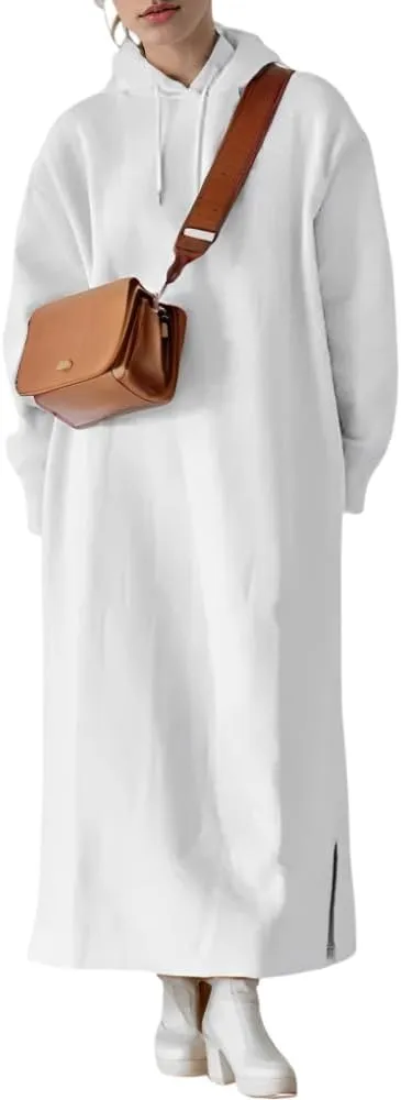 Women's Oversized Long Sleeve Fleece Pullover Hoodie Casual Split Hem Warm Hooded Sweatshirt Maxi Dress with 2 Pockets