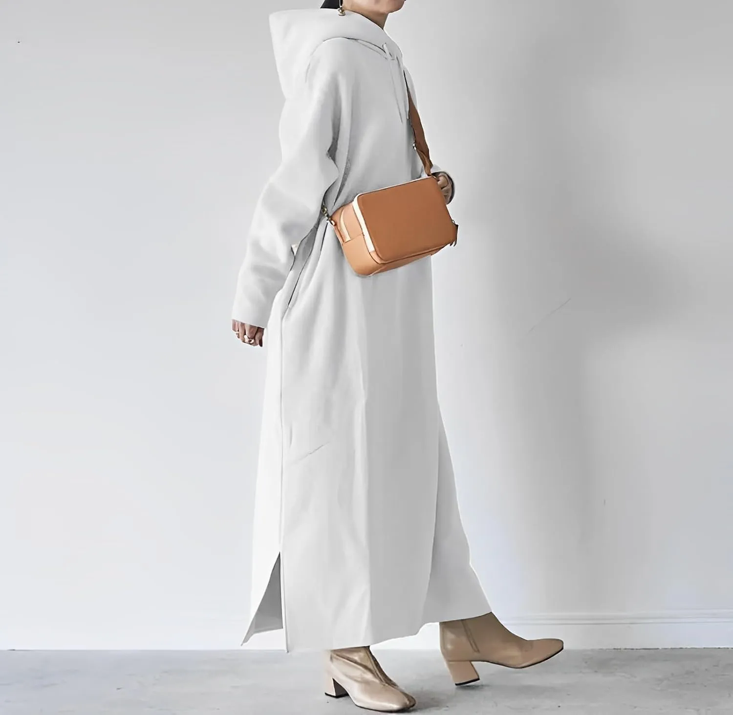 Women's Oversized Long Sleeve Fleece Pullover Hoodie Casual Split Hem Warm Hooded Sweatshirt Maxi Dress with 2 Pockets